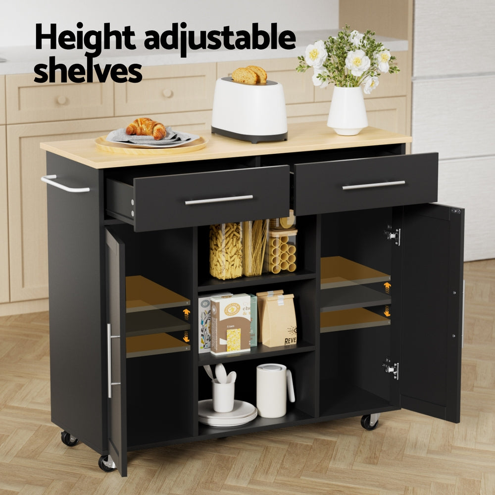 Artiss Kitchen Island Trolley Rolling Serving Cart Storage Drawer Cabinet 100cm Black-Tools > Tools Storage > Work Benches-PEROZ Accessories