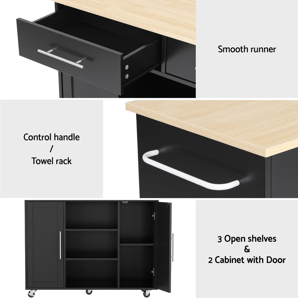 Artiss Kitchen Island Trolley Rolling Serving Cart Storage Drawer Cabinet 100cm Black-Tools > Tools Storage > Work Benches-PEROZ Accessories