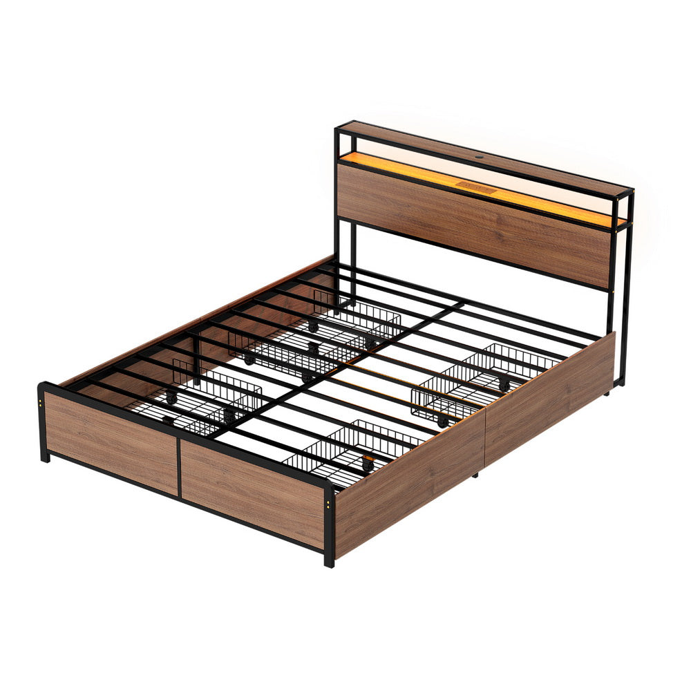 Artiss Metal Bed Frame Double Size with 2-Tier Storage Headboard Metal Platform with 4 Storage Drawers Built in Charging Station &amp; LED Noise-Free/Metal Support/No Box Spring Needed Vintage Brown-Furniture > Bedroom > Beds &amp; Bed Frames-PEROZ Accessories