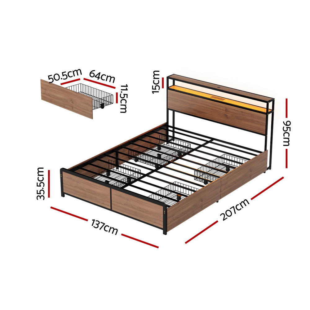 Artiss Metal Bed Frame Double Size with 2-Tier Storage Headboard Metal Platform with 4 Storage Drawers Built in Charging Station &amp; LED Noise-Free/Metal Support/No Box Spring Needed Vintage Brown-Furniture > Bedroom > Beds &amp; Bed Frames-PEROZ Accessories