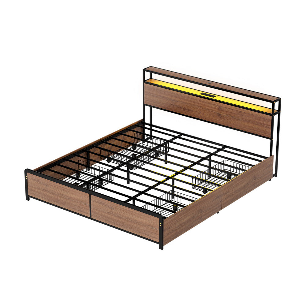 Artiss Metal Bed Frame King Size with 2-Tier Storage Headboard Metal Platform with 4 Storage Drawers Built in Charging Station &amp; LED Noise-Free/Metal Support/No Box Spring Needed Vintage Brown-Furniture > Bedroom > Beds &amp; Bed Frames-PEROZ Accessories