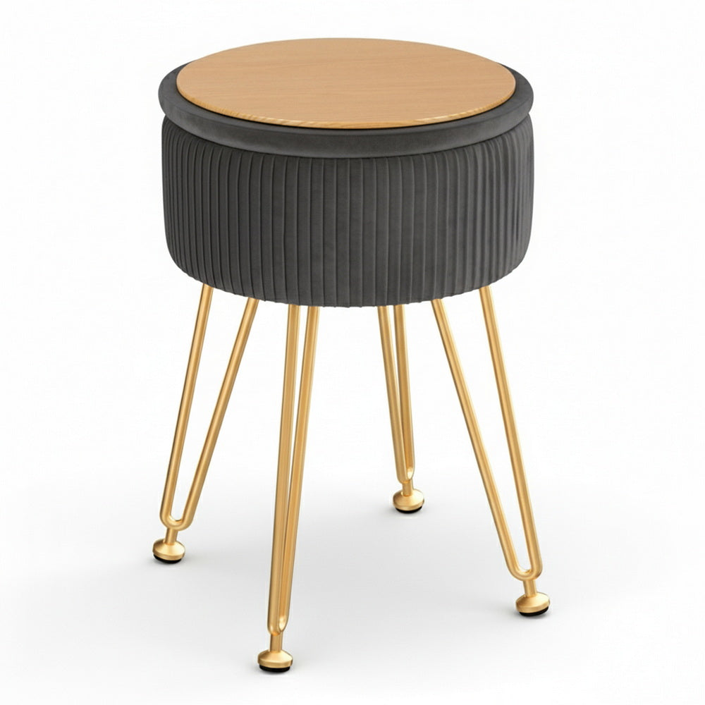 Artiss Ottoman Storage Foot Stool Vanity Velvet Round Grey-Furniture > Living Room > Ottomans &amp; Footstools-PEROZ Accessories