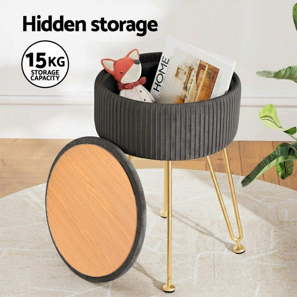 Artiss Ottoman Storage Foot Stool Vanity Velvet Round Grey-Furniture > Living Room > Ottomans &amp; Footstools-PEROZ Accessories