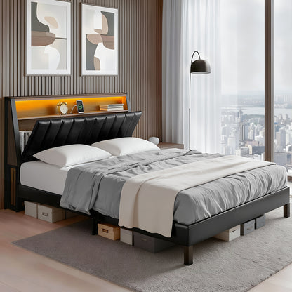 Artiss Queen Bed Frame LED Storage Headboard with Charging Station Black-Furniture > Bedroom > Beds &amp; Bed Frames-PEROZ Accessories