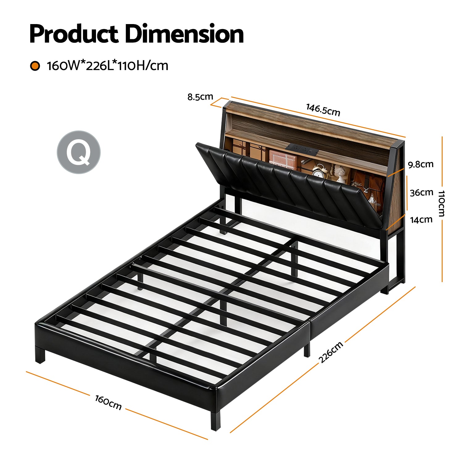 Artiss Queen Bed Frame LED Storage Headboard with Charging Station Black-Furniture > Bedroom > Beds &amp; Bed Frames-PEROZ Accessories