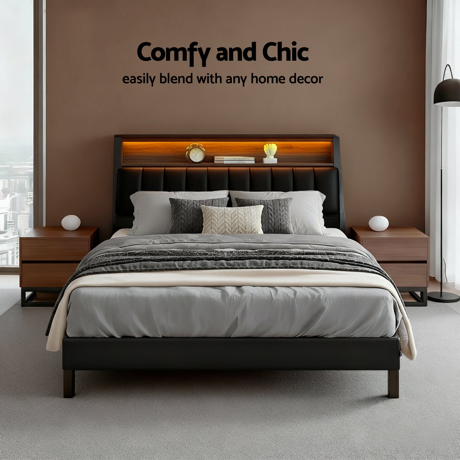 Artiss Queen Bed Frame LED Storage Headboard with Charging Station Black-Furniture > Bedroom > Beds &amp; Bed Frames-PEROZ Accessories