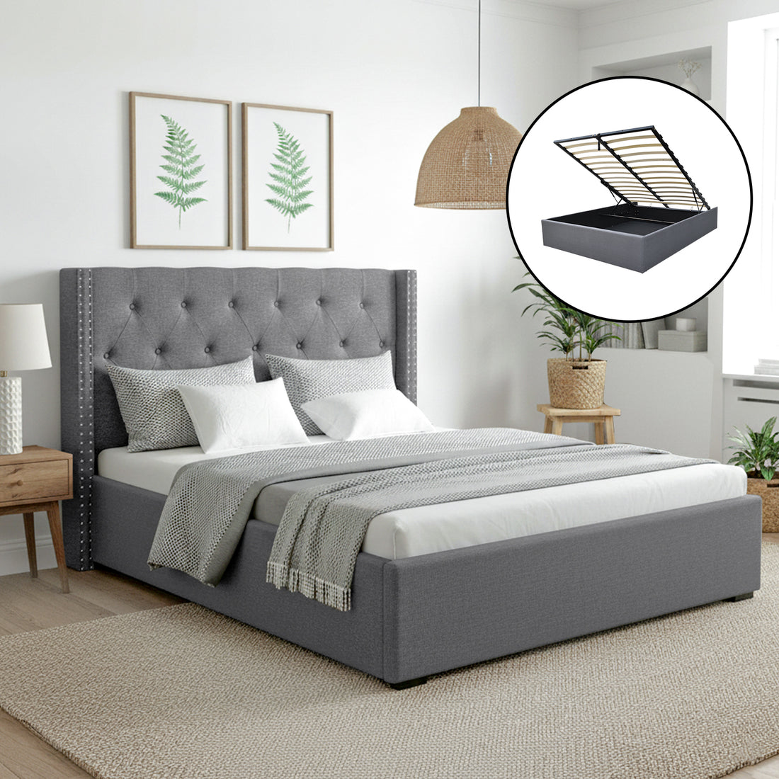 Artiss Queen Bed Frame Storage Tufted Headboard Gas Lift Base Grey-Furniture > Bedroom > Beds &amp; Bed Frames-PEROZ Accessories