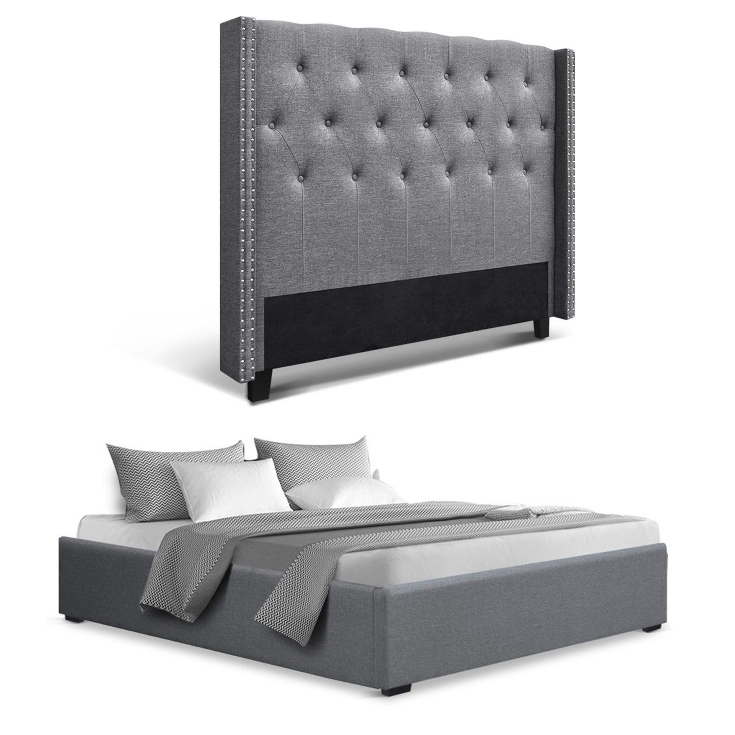 Artiss Queen Bed Frame Storage Tufted Headboard Gas Lift Base Grey-Furniture > Bedroom > Beds &amp; Bed Frames-PEROZ Accessories