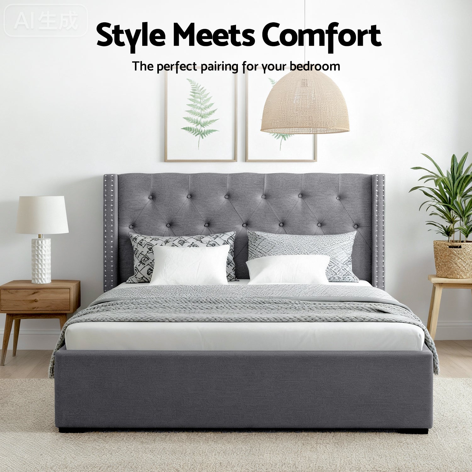 Artiss Queen Bed Frame Storage Tufted Headboard Gas Lift Base Grey-Furniture > Bedroom > Beds &amp; Bed Frames-PEROZ Accessories