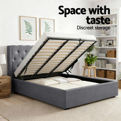 Artiss Queen Bed Frame Storage Tufted Headboard Gas Lift Base Grey-Furniture > Bedroom > Beds &amp; Bed Frames-PEROZ Accessories