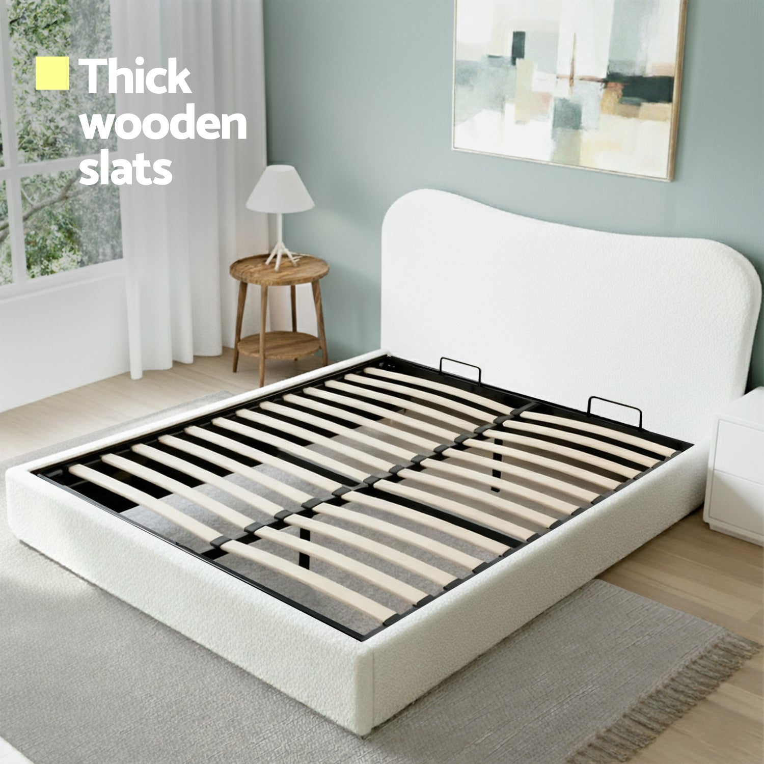 Artiss Queen Bed Frame with Gaslift Storage Wooden Platform Mattress Base Boucle Upholstered White-Furniture > Bedroom > Beds &amp; Bed Frames-PEROZ Accessories