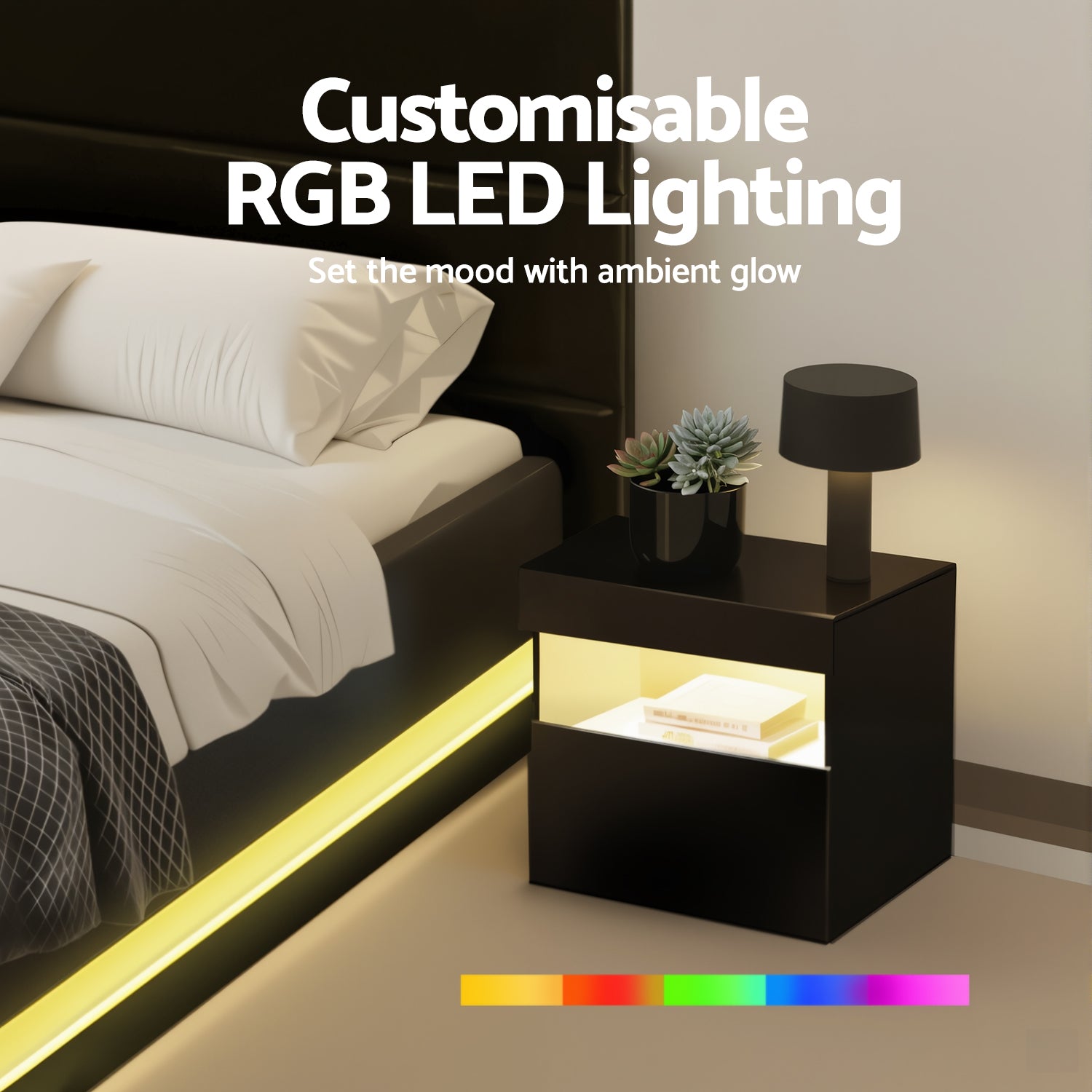 Artiss RGB LED Double Bed Frame with Beside Table Set 16 Colour Mood Lighting-Furniture > Bedroom > Beds &amp; Bed Frames-PEROZ Accessories