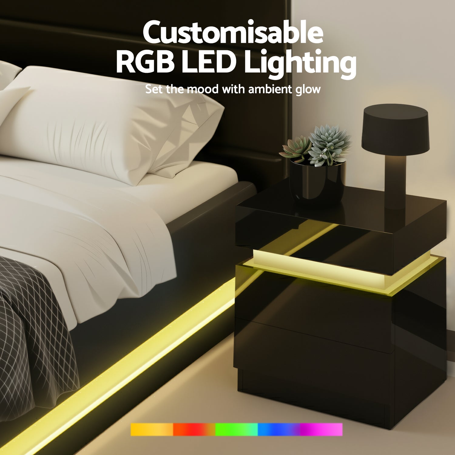 Artiss RGB LED Queen Bed Frame with 2 Beside Tables Set 16 Colour Mood Lighting-Furniture > Bedroom > Beds &amp; Bed Frames-PEROZ Accessories