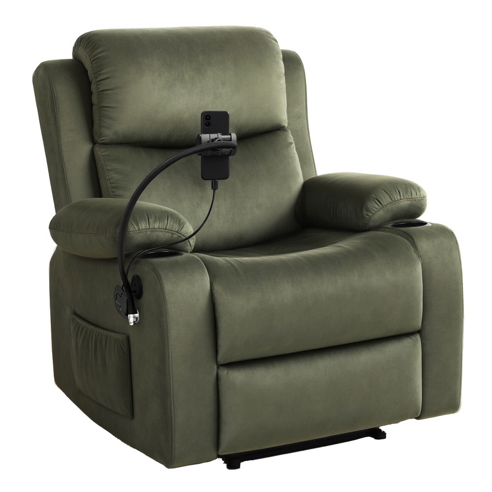 Artiss Recliner Chair Heated Massage Chair with Phone Holder Velvet-Furniture > Bar Stools &amp; Chairs > Arm Chairs &amp; Recliners-PEROZ Accessories
