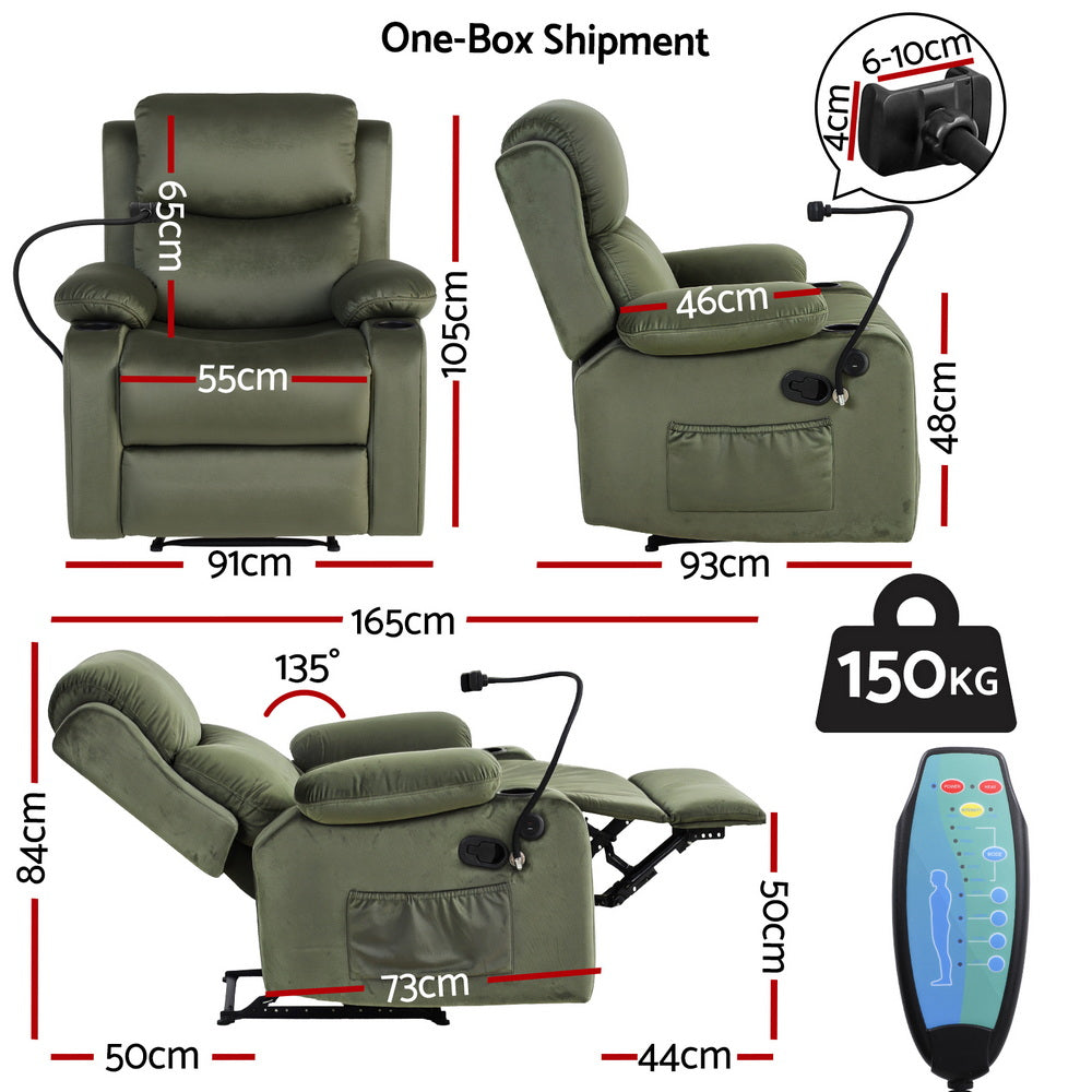Artiss Recliner Chair Heated Massage Chair with Phone Holder Velvet-Furniture > Bar Stools &amp; Chairs > Arm Chairs &amp; Recliners-PEROZ Accessories