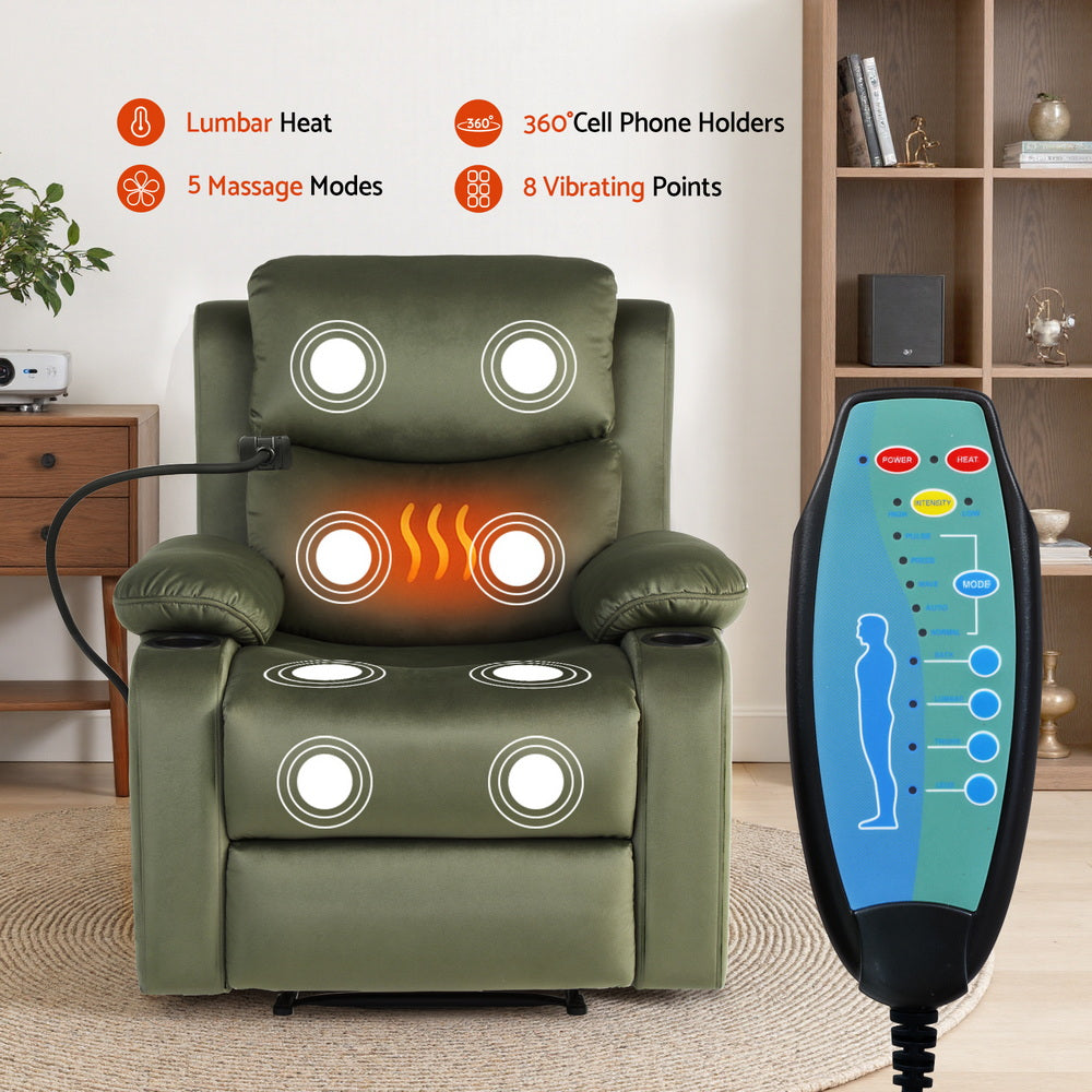 Artiss Recliner Chair Heated Massage Chair with Phone Holder Velvet-Furniture > Bar Stools &amp; Chairs > Arm Chairs &amp; Recliners-PEROZ Accessories