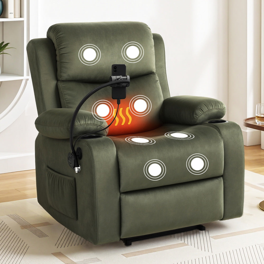 Artiss Recliner Chair Heated Massage Chair with Phone Holder Velvet-Furniture > Bar Stools &amp; Chairs > Arm Chairs &amp; Recliners-PEROZ Accessories