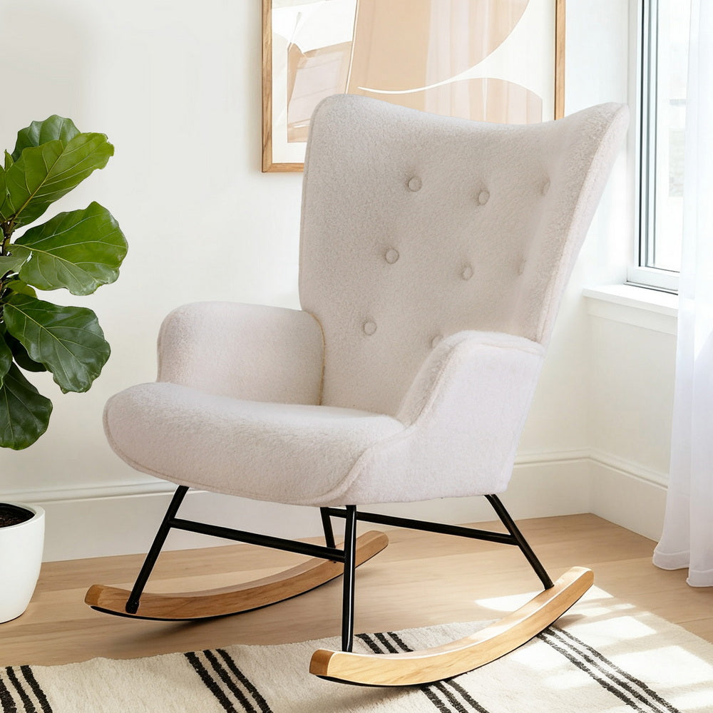 Artiss Rocking Armchair Nursing Chair Boucle Fabric White-Furniture > Bar Stools &amp; Chairs > Arm Chairs &amp; Recliners-PEROZ Accessories