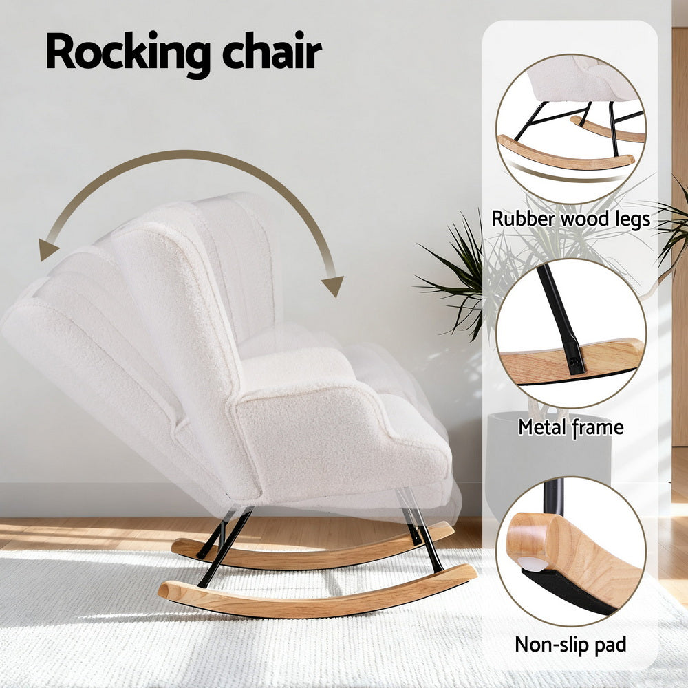 Artiss Rocking Armchair Nursing Chair Boucle Fabric White-Furniture > Bar Stools &amp; Chairs > Arm Chairs &amp; Recliners-PEROZ Accessories