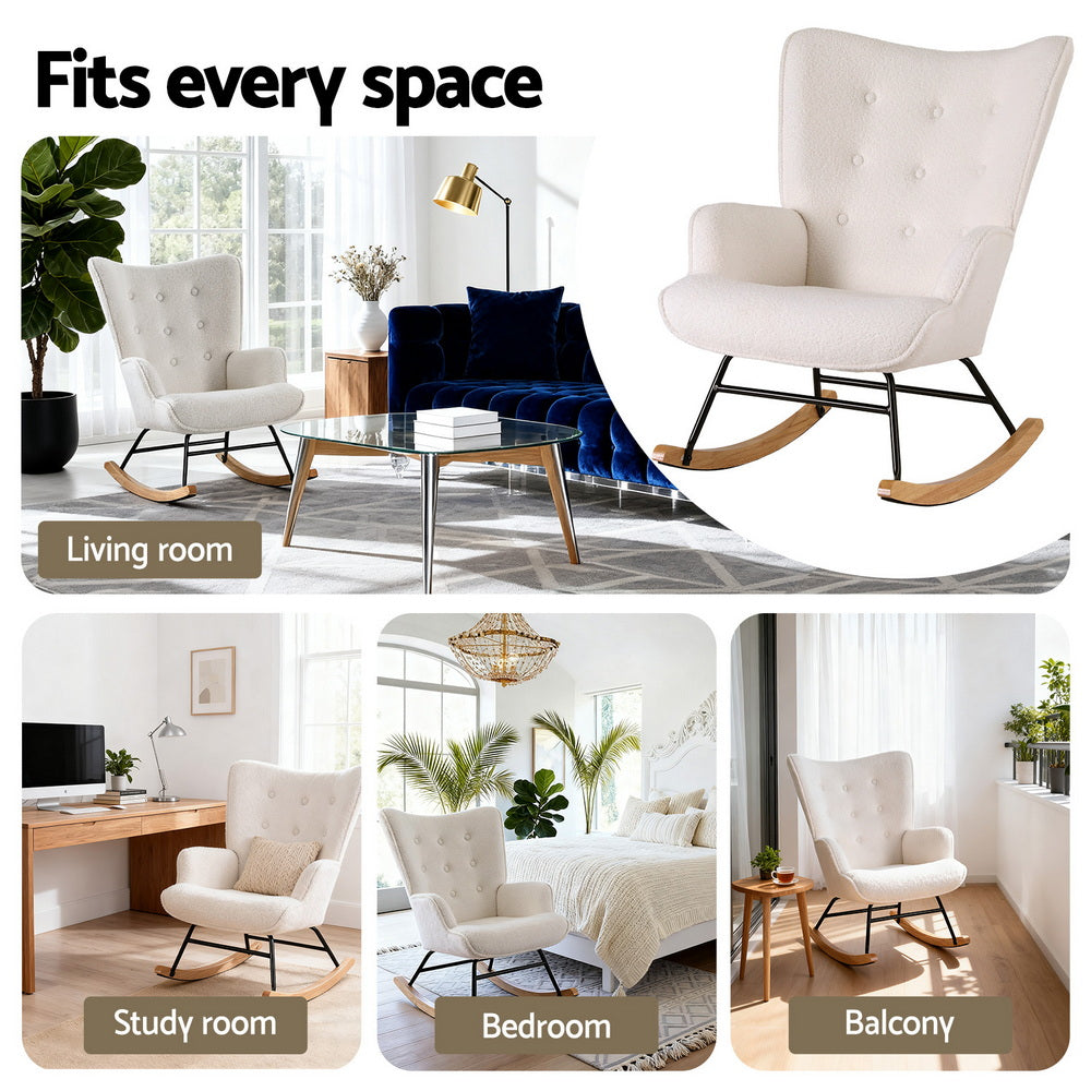 Artiss Rocking Armchair Nursing Chair Boucle Fabric White-Furniture > Bar Stools &amp; Chairs > Arm Chairs &amp; Recliners-PEROZ Accessories