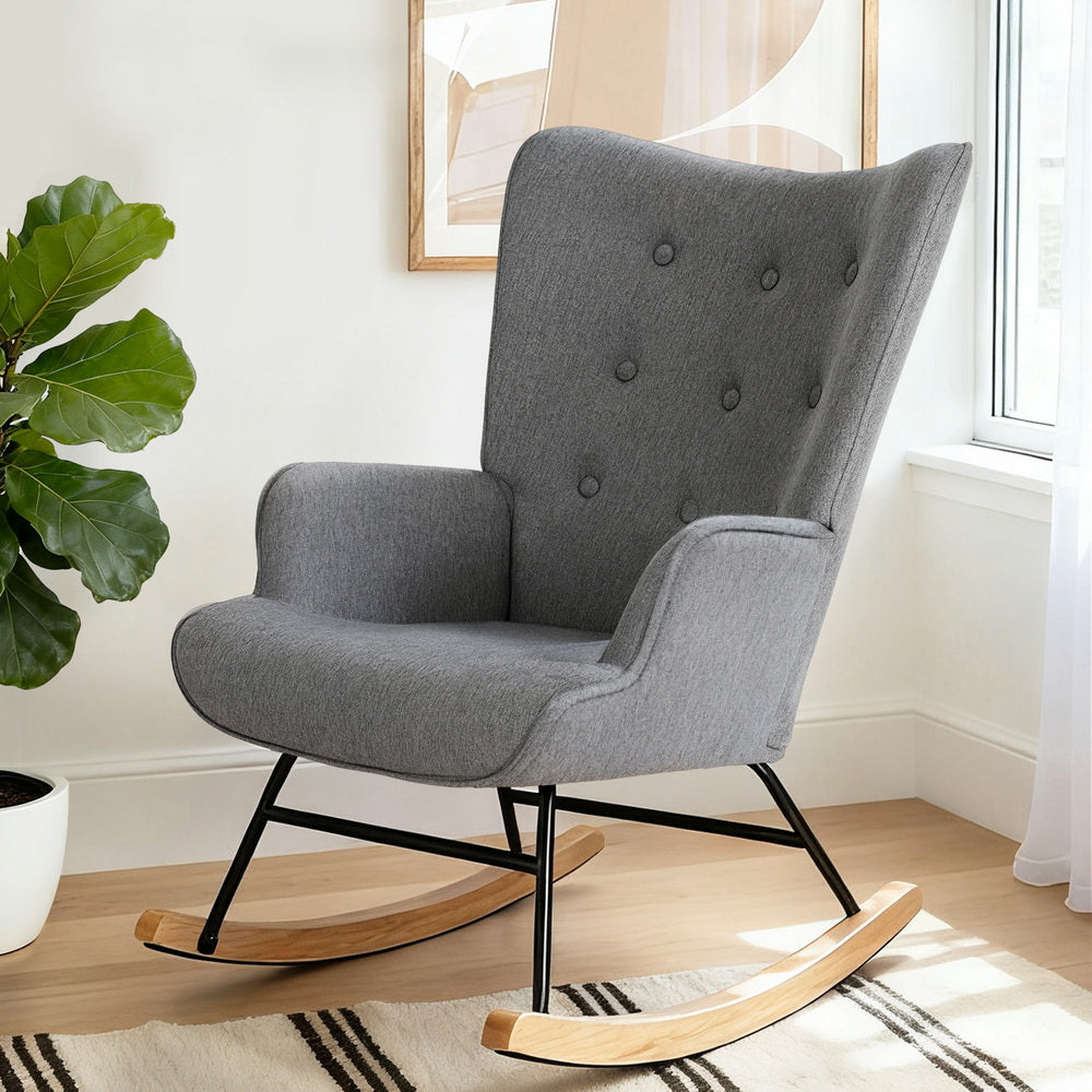 Artiss Rocking Armchair Nursing Chair Linen Fabric Grey-Furniture > Bar Stools &amp; Chairs > Arm Chairs &amp; Recliners-PEROZ Accessories