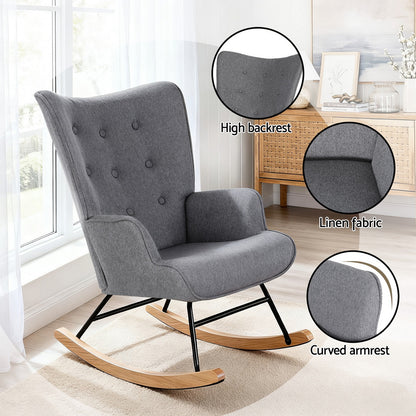 Artiss Rocking Armchair Nursing Chair Linen Fabric Grey-Furniture > Bar Stools &amp; Chairs > Arm Chairs &amp; Recliners-PEROZ Accessories