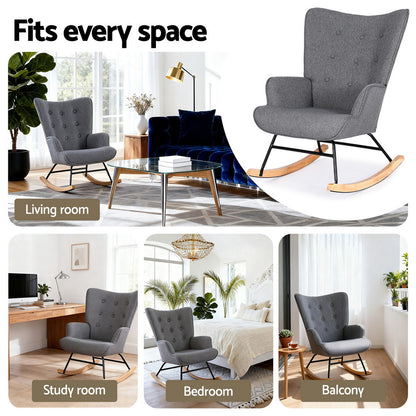 Artiss Rocking Armchair Nursing Chair Linen Fabric Grey-Furniture > Bar Stools &amp; Chairs > Arm Chairs &amp; Recliners-PEROZ Accessories