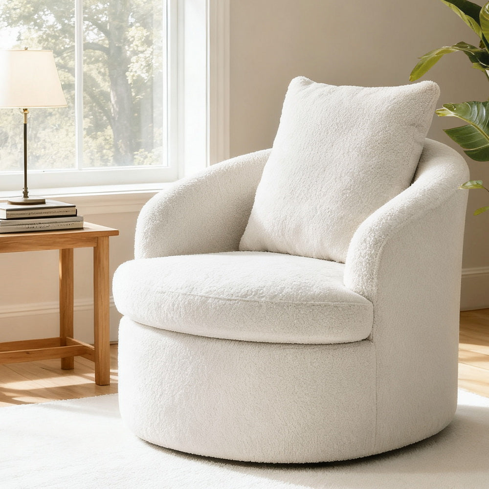 Artiss Round Swivel Armchair Extra Pillow White-Furniture > Bar Stools &amp; Chairs > Arm Chairs &amp; Recliners-PEROZ Accessories