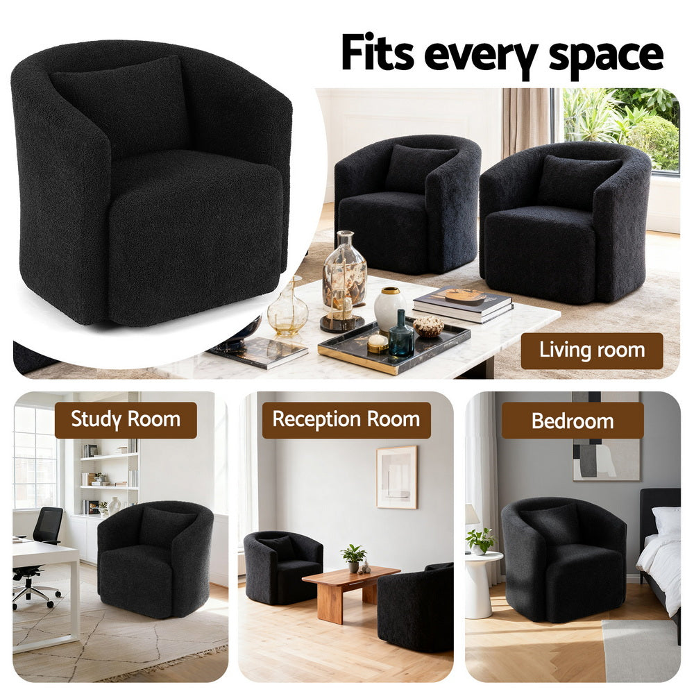 Artiss Round Swivel Armchair Sherpa Fleece Black-Furniture > Bar Stools &amp; Chairs > Arm Chairs &amp; Recliners-PEROZ Accessories