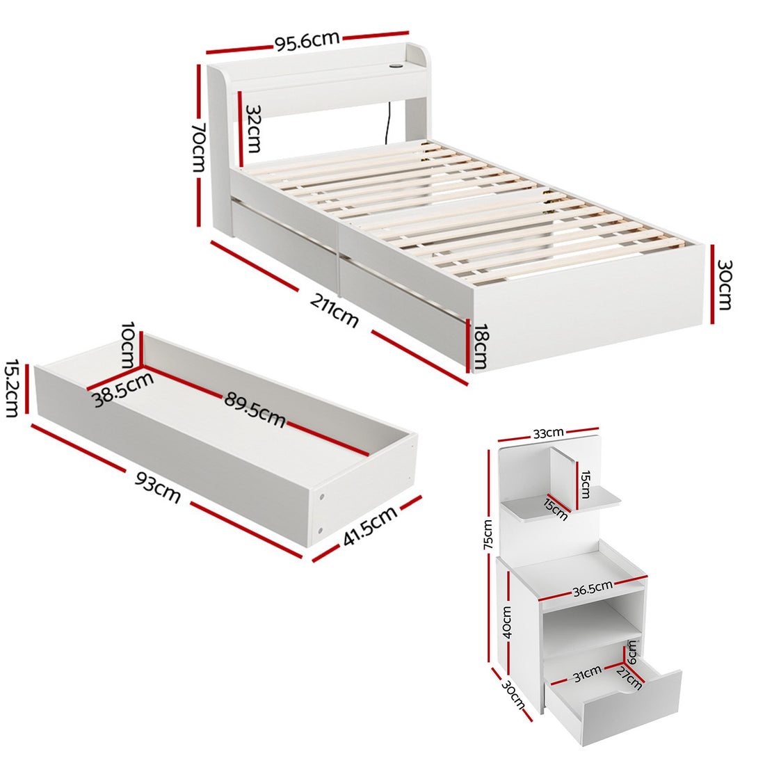 Artiss Single Bed Frame with Charging Ports and Bedside Table-Furniture > Bedroom > Beds &amp; Bed Frames-PEROZ Accessories