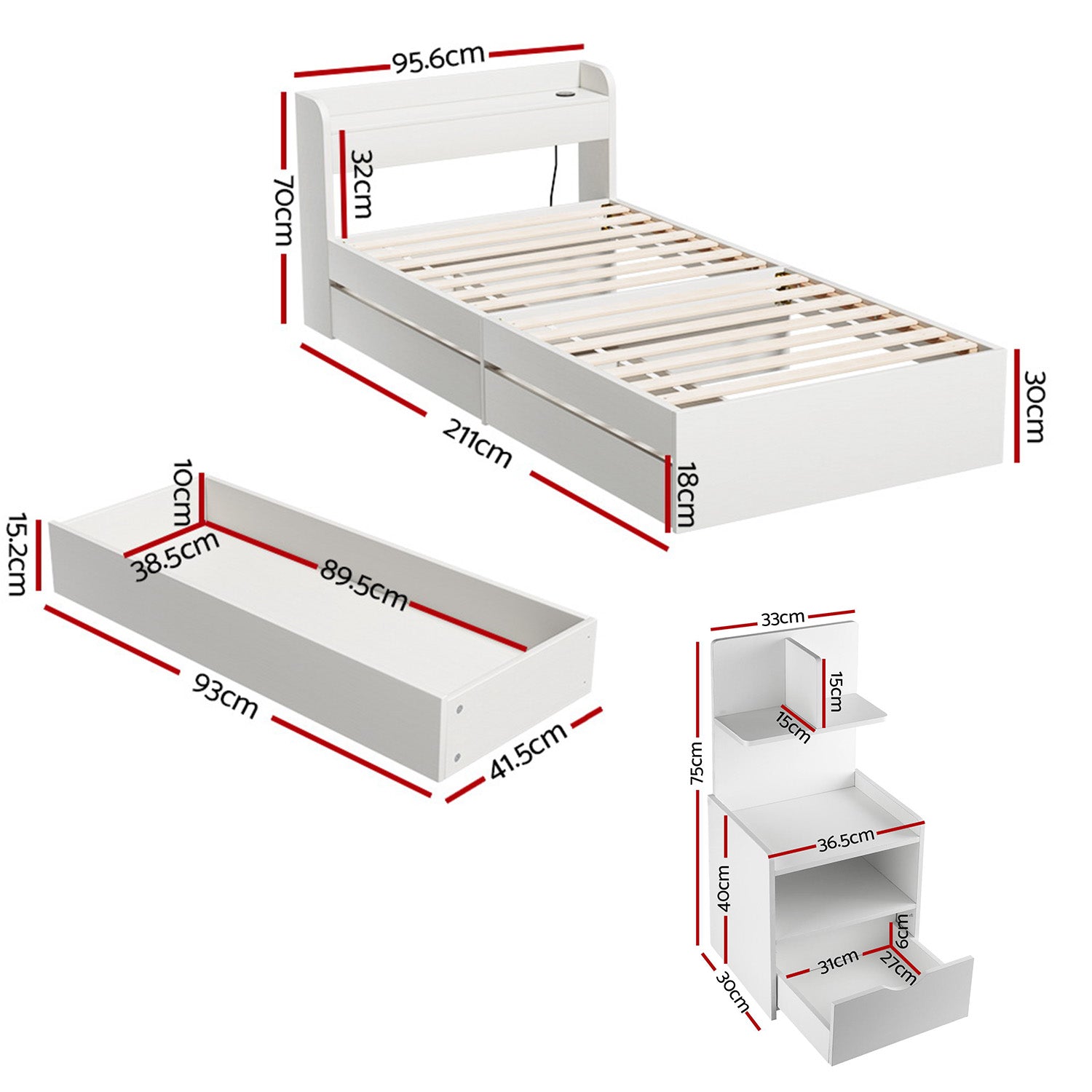 Artiss Single Bed Frame with Charging Ports and Bedside Table-Furniture > Bedroom > Beds &amp; Bed Frames-PEROZ Accessories