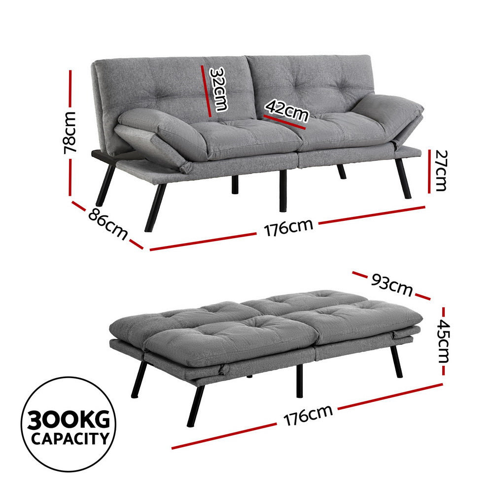 Artiss Sofa Bed Convertible 3 Seater Couch Recliner Lounge Chair Fabric Grey-Furniture > Sofas > Sofas &amp; Sofa Beds-PEROZ Accessories