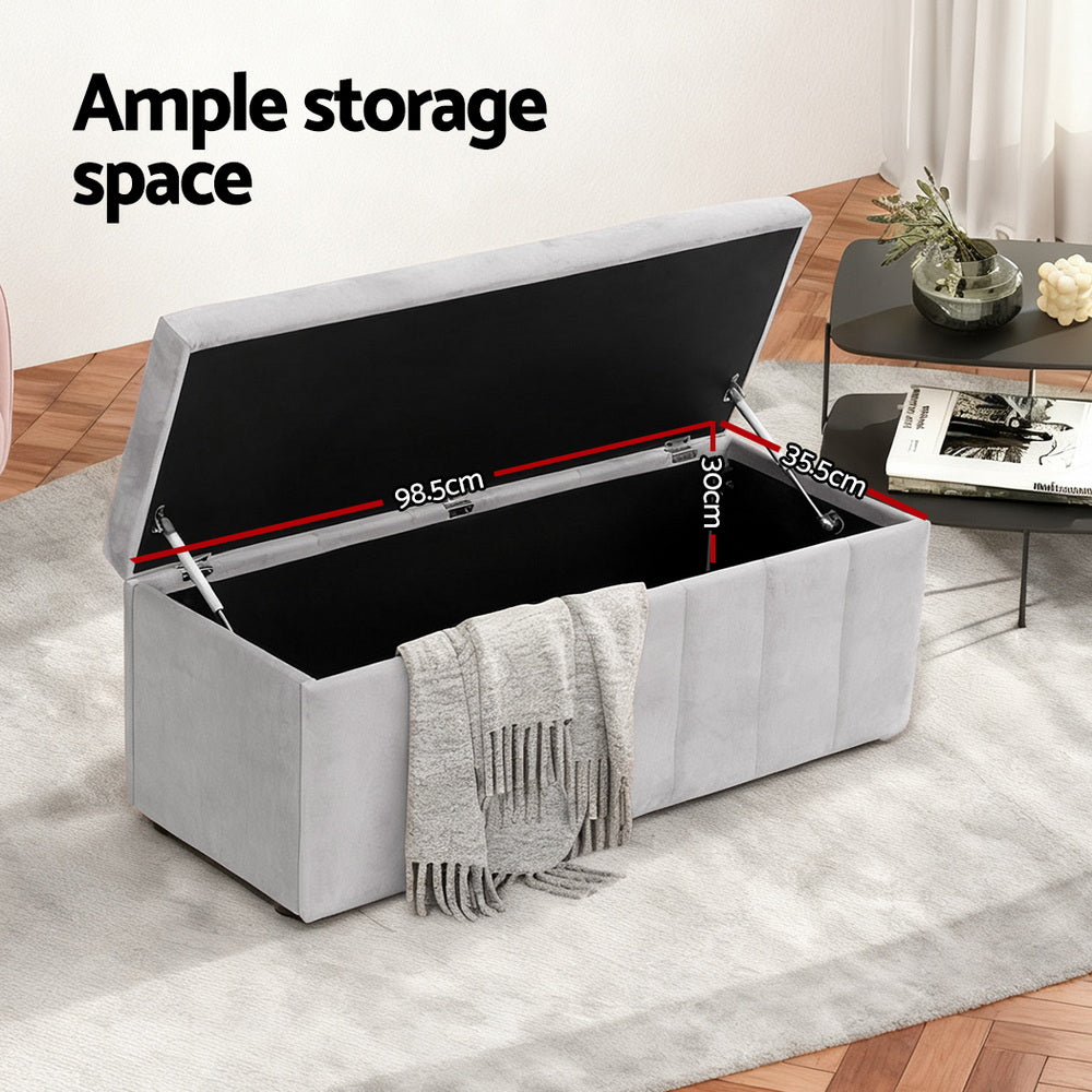 Artiss Storage Ottoman Blanket Box Velvet Grey 103cm-Furniture &gt; Living Room &gt; Ottomans &amp; Footstools-PEROZ Accessories