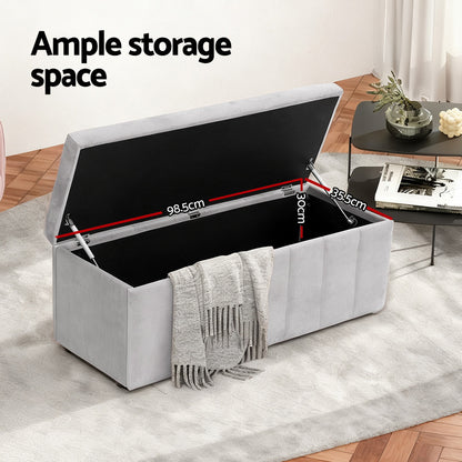 Artiss Storage Ottoman Blanket Box Velvet Grey 103cm-Furniture &gt; Living Room &gt; Ottomans &amp; Footstools-PEROZ Accessories