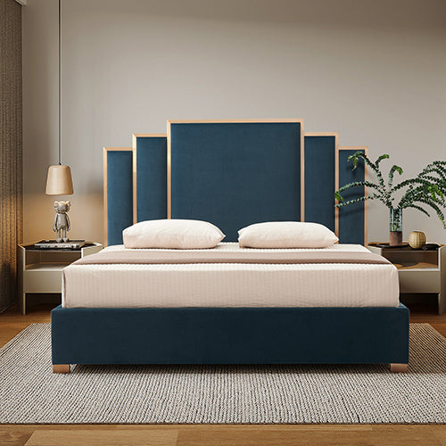 Austin Bed Frame Polyester Turquoise Fabric Padded Upholstery High Quality Slats Polished Stainless Steel Feet-Furniture &gt; Bedroom &gt; Beds &amp; Bed Frames-PEROZ Accessories