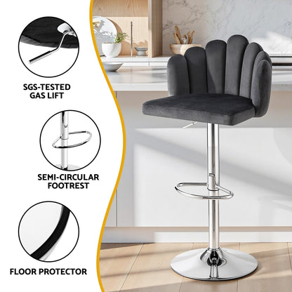 Artiss Bar Stool X2 Kitchen Dining Counter Gaslift Chair Adjustable Velvet Grey-Furniture &gt; Bar Stools &amp; Chairs &gt; Table &amp; Bar Stools-PEROZ Accessories