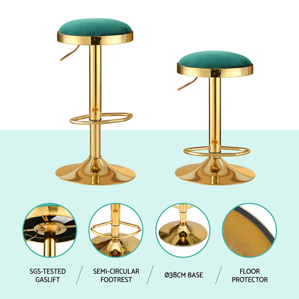 2x Artiss Bar Stools Kitchen Dining Chairs Velvet Padded Stool Green-Furniture &gt; Bar Stools &amp; Chairs &gt; Table &amp; Bar Stools-PEROZ Accessories