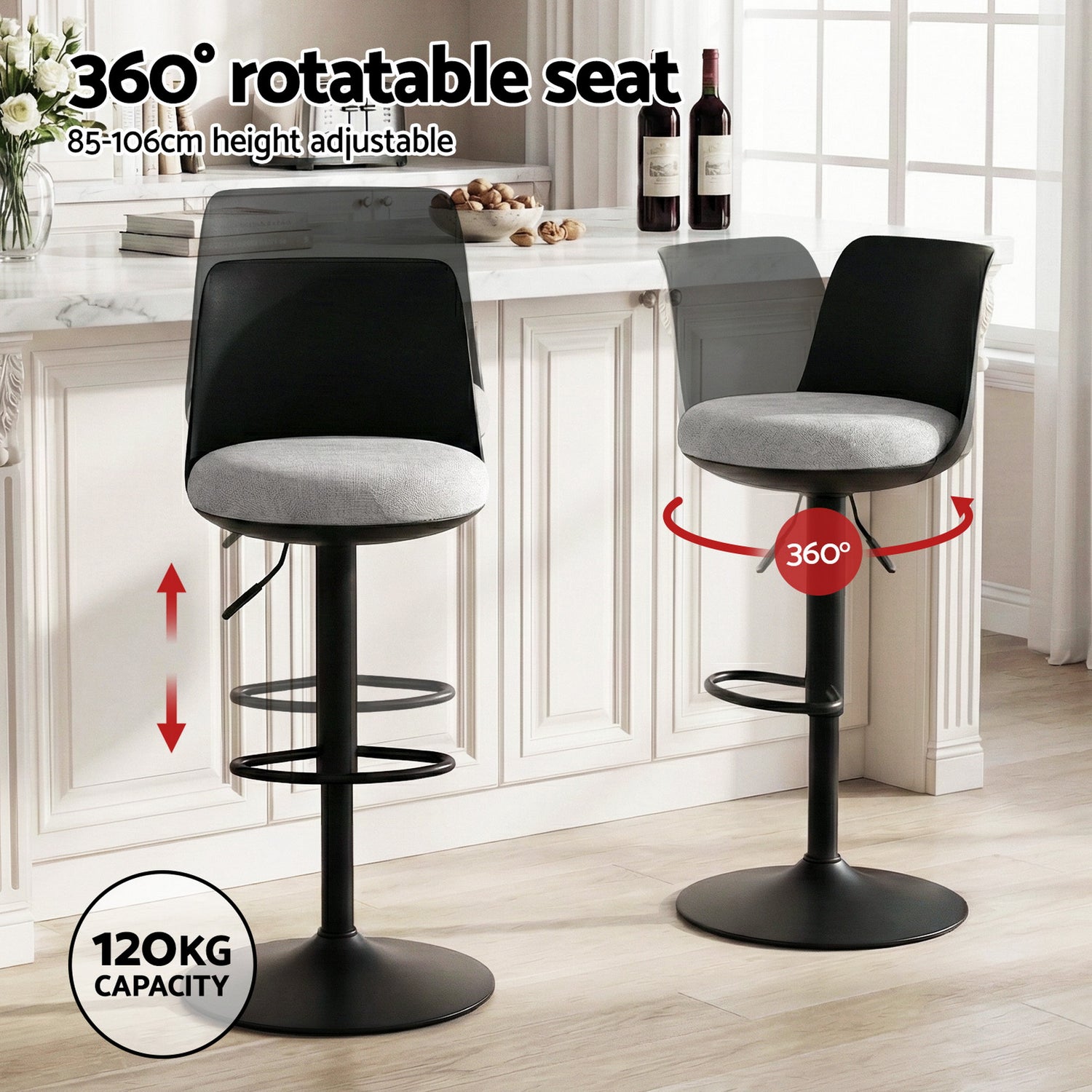 Artiss 2x Bar Stools Kitchen Swivel Gas Lift Counter Dining Chair Curved Black-Furniture > Bar Stools &amp; Chairs > Table &amp; Bar Stools-PEROZ Accessories