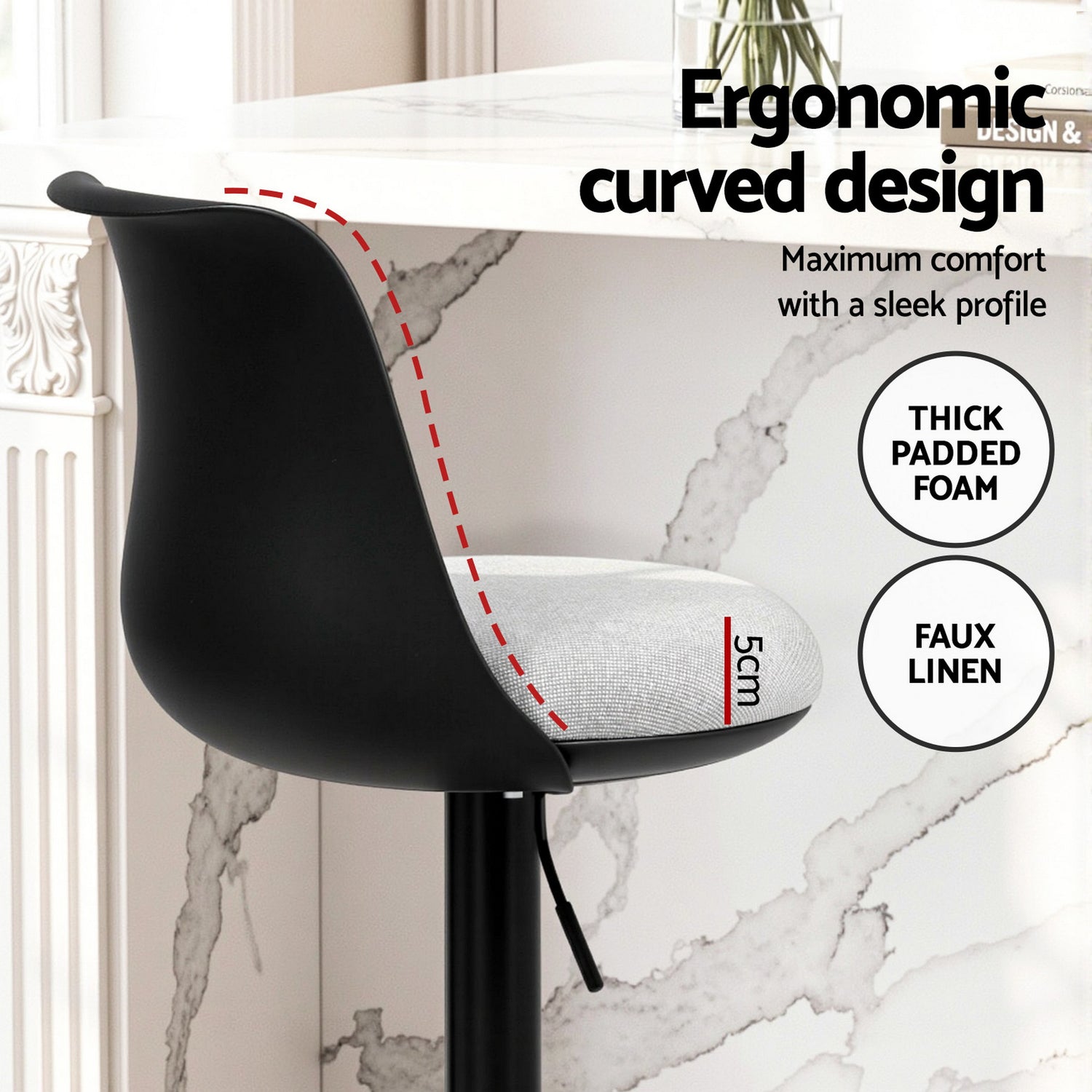 Artiss 2x Bar Stools Kitchen Swivel Gas Lift Counter Dining Chair Curved Black-Furniture > Bar Stools &amp; Chairs > Table &amp; Bar Stools-PEROZ Accessories