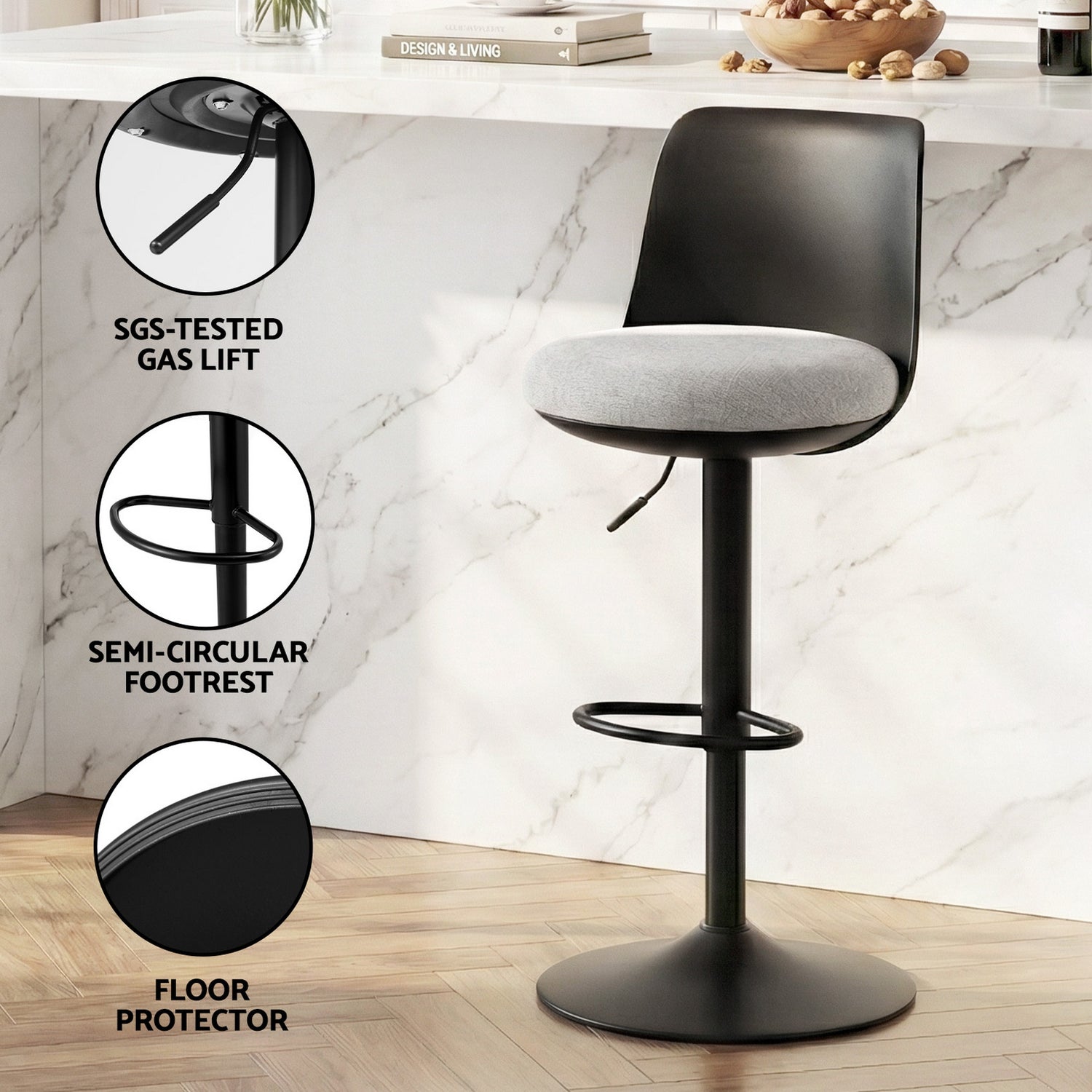 Artiss 2x Bar Stools Kitchen Swivel Gas Lift Counter Dining Chair Curved Black-Furniture > Bar Stools &amp; Chairs > Table &amp; Bar Stools-PEROZ Accessories