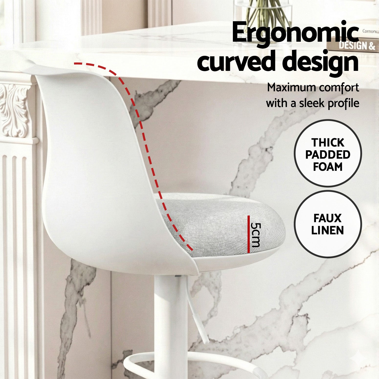 Artiss 2x Bar Stools Kitchen Swivel Gas Lift Counter Dining Chair Curved White-Furniture > Bar Stools &amp; Chairs > Table &amp; Bar Stools-PEROZ Accessories