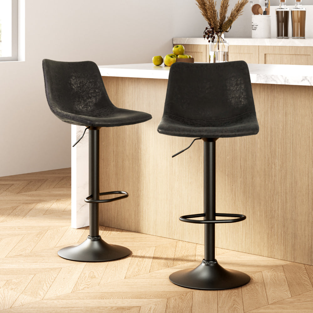 Artiss 2x Bar Stools Vintage Leather Swivel Gas Lift Black-Furniture &gt; Bar Stools &amp; Chairs-PEROZ Accessories