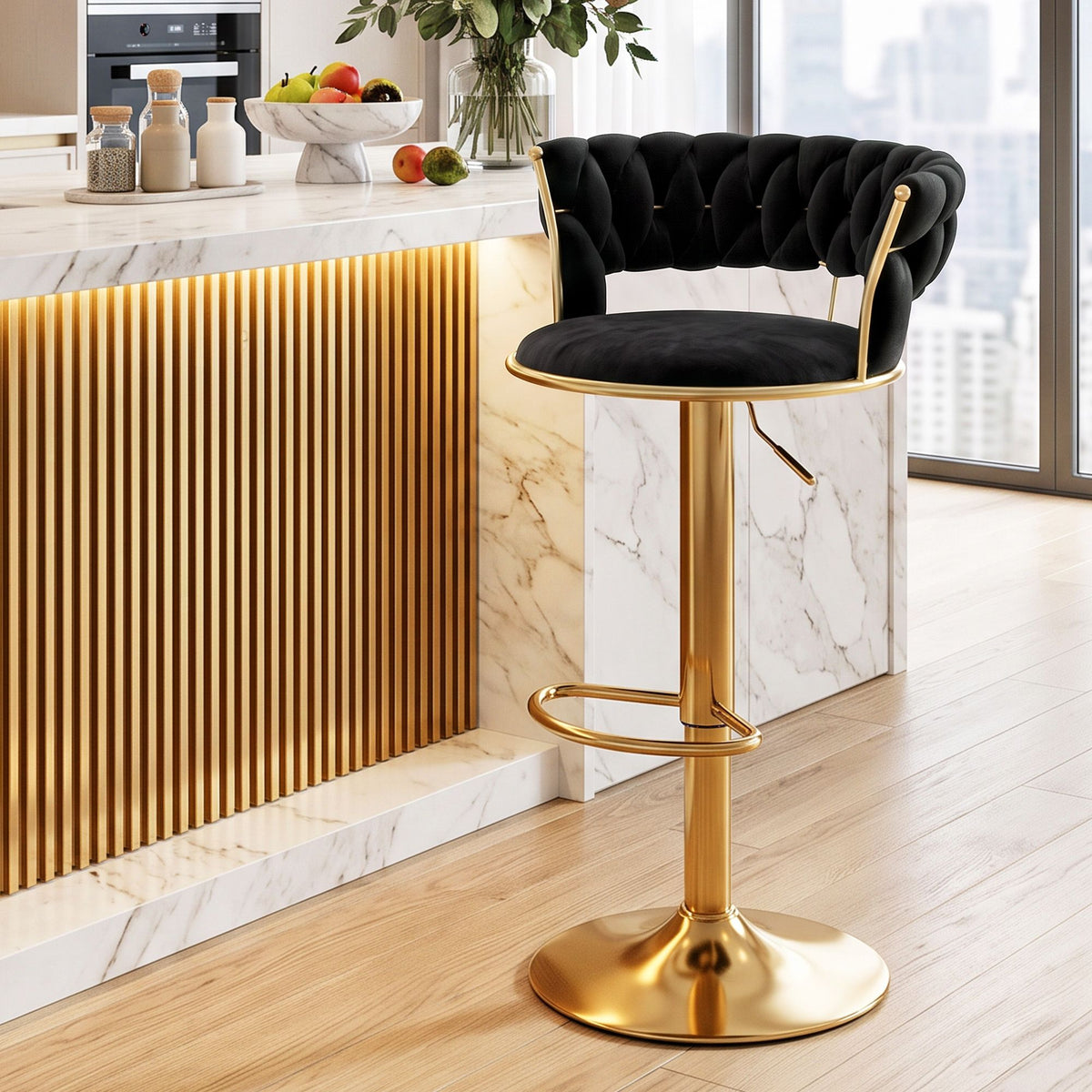 Artiss Bar Stool X1 Gas Lift Adjustable Velvet Woven Backrest Vivien Black-Furniture > Bar Stools &amp; Chairs > Table &amp; Bar Stools-PEROZ Accessories