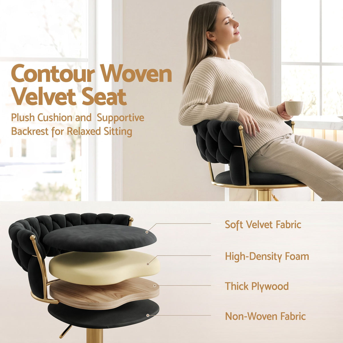 Artiss Bar Stool X1 Gas Lift Adjustable Velvet Woven Backrest Vivien Black-Furniture > Bar Stools &amp; Chairs > Table &amp; Bar Stools-PEROZ Accessories