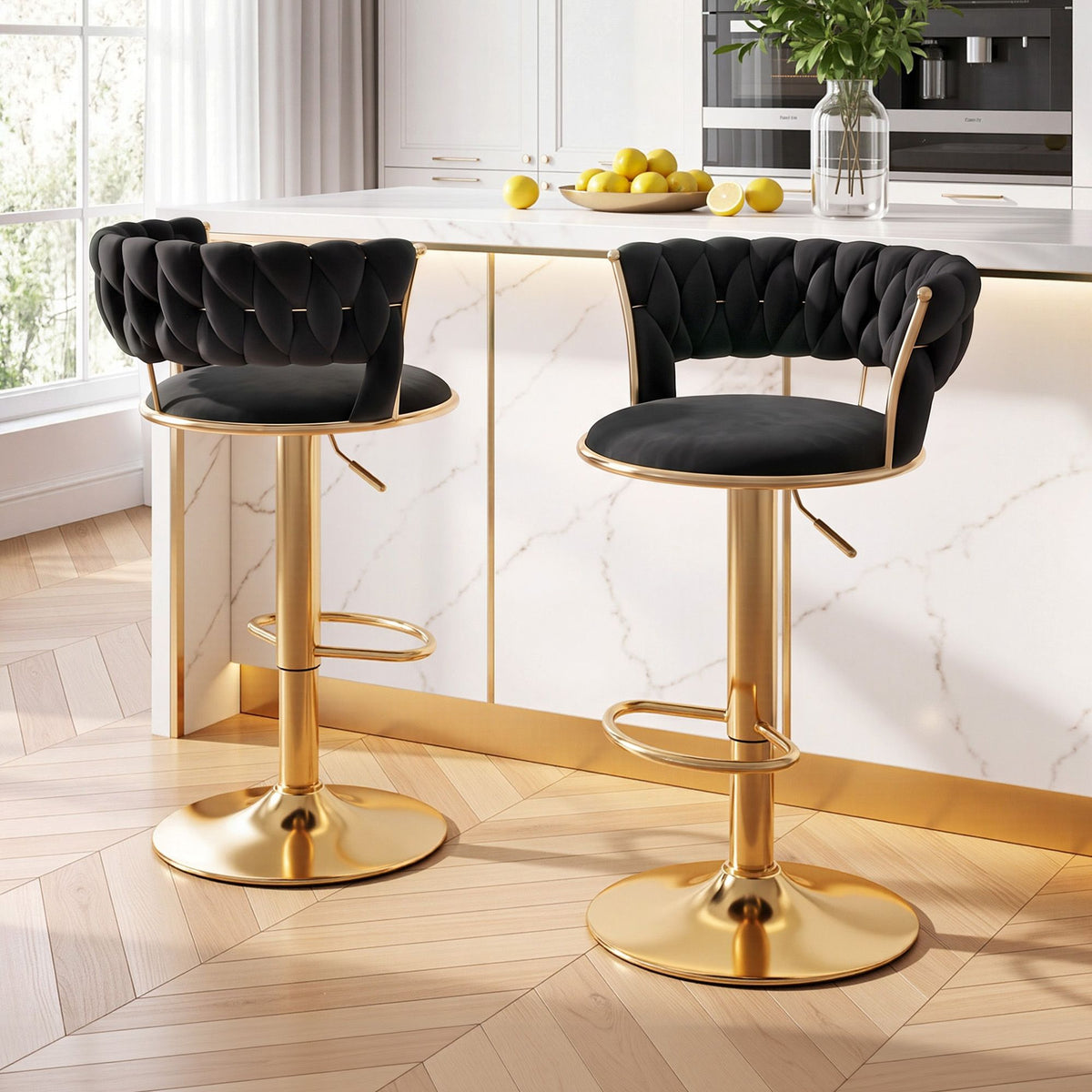 Artiss 2x Bar Stools Gas Lift Adjustable Velvet Woven Backrest Vivien Black-Furniture > Bar Stools &amp; Chairs > Table &amp; Bar Stools-PEROZ Accessories