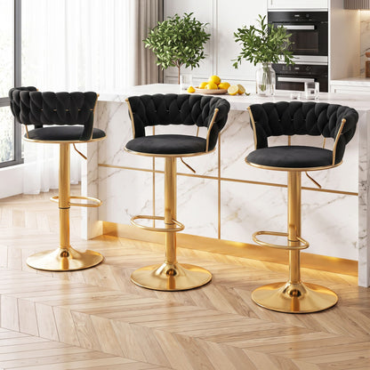 Artiss 3x Bar Stools Gas Lift Adjustable Velvet Woven Backrest Vivien Black