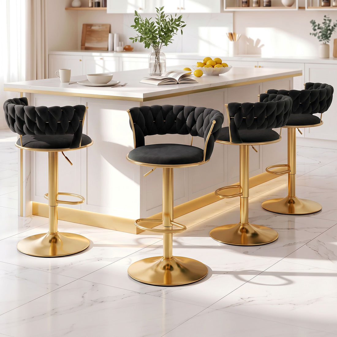 Artiss 4x Bar Stools Gas Lift Adjustable Velvet Woven Backrest Vivien Black-Furniture > Bar Stools &amp; Chairs > Table &amp; Bar Stools-PEROZ Accessories