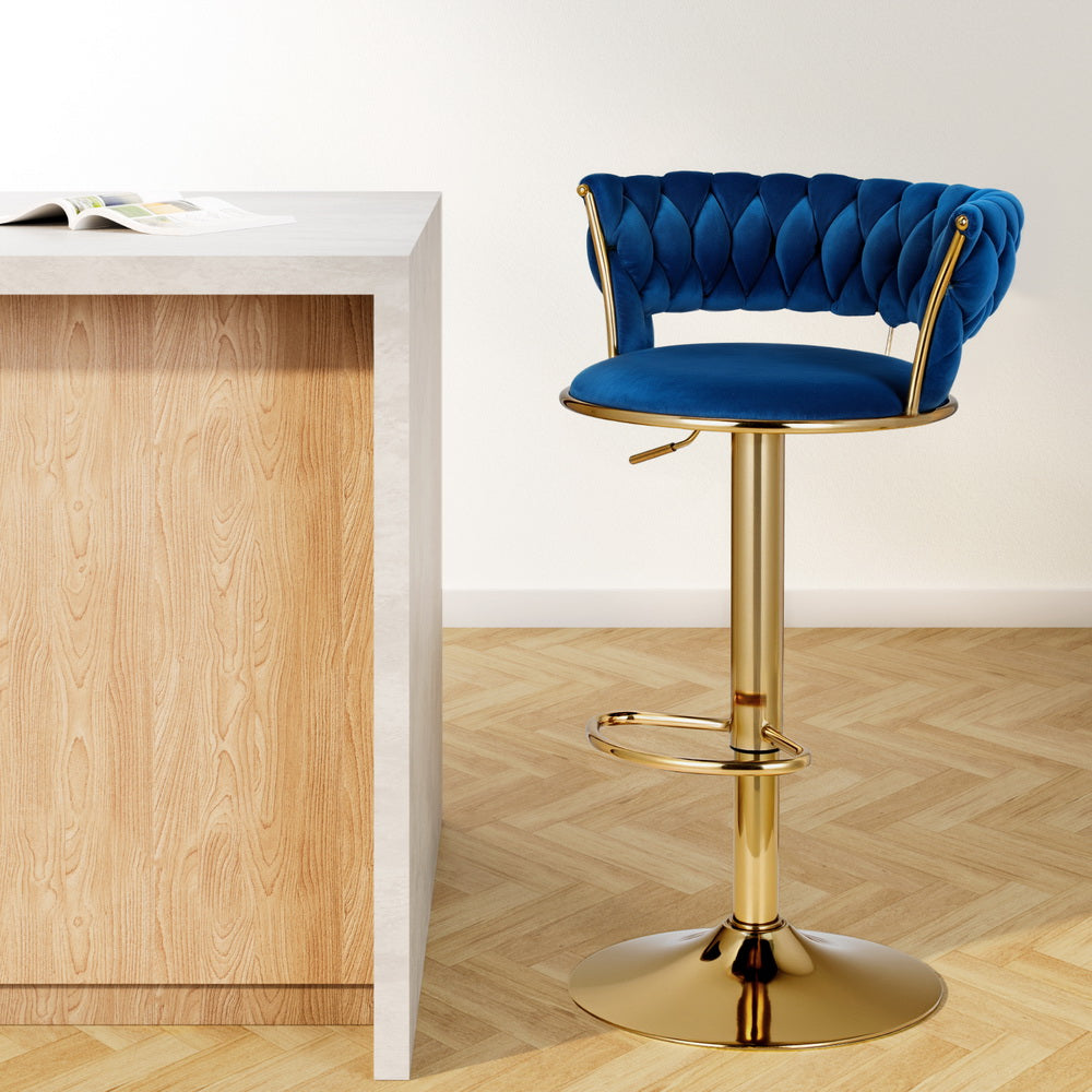 Artiss Bar Stools Gas Lift Velvet Woven Backrest Navy-Furniture &gt; Bar Stools &amp; Chairs-PEROZ Accessories