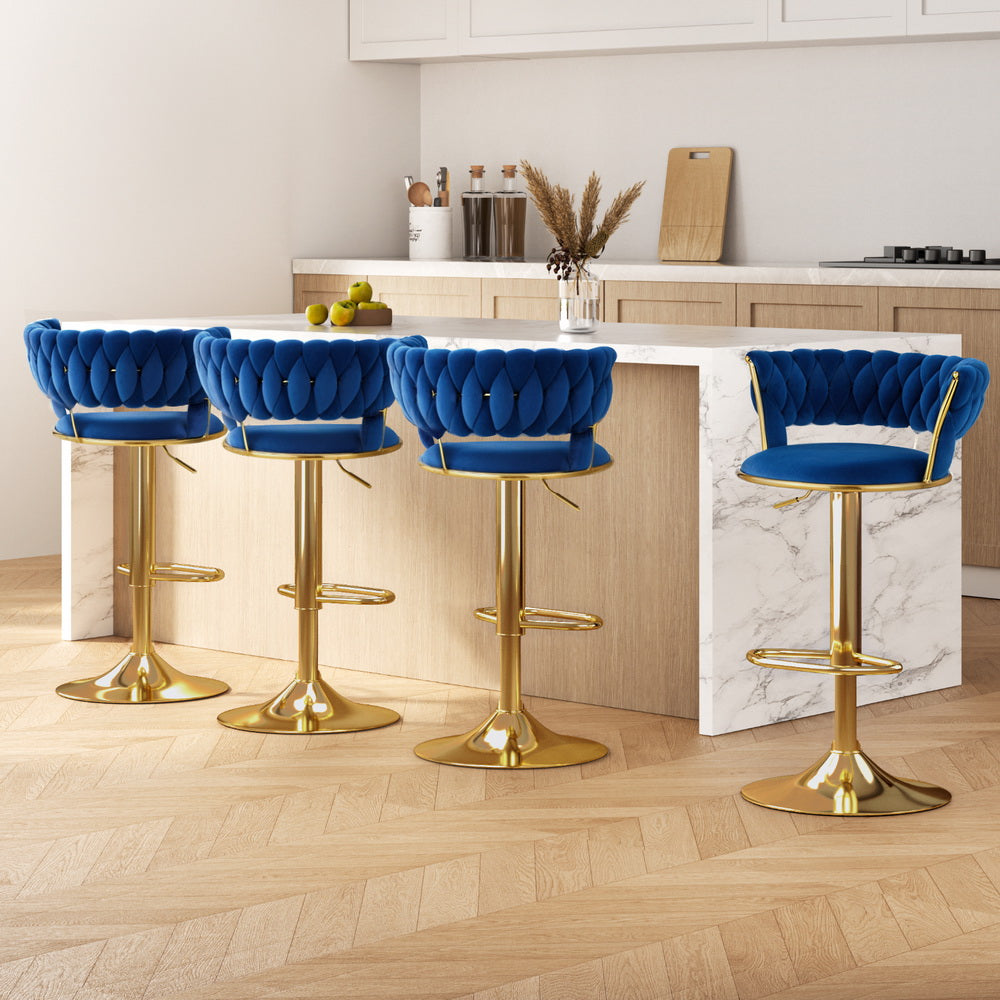 Artiss 4x Bar Stools Gas Lift Velvet Woven Backrest Navy-Furniture &gt; Bar Stools &amp; Chairs &gt; Table &amp; Bar Stools-PEROZ Accessories