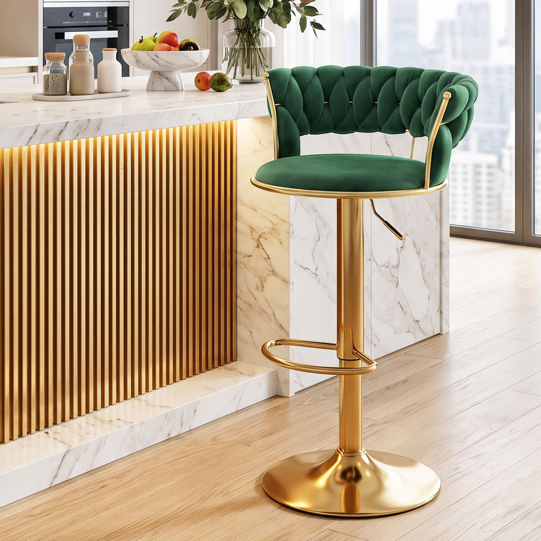 Artiss Bar Stool X1 Gas Lift Adjustable Velvet Woven Backrest Vivien Green-Furniture > Bar Stools &amp; Chairs > Table &amp; Bar Stools-PEROZ Accessories
